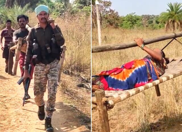 DRG jawans picked up the pregnant woman on a cot and took her to the hospital